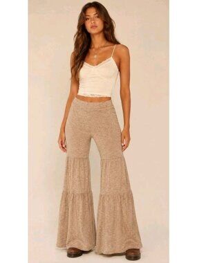 Fashion Nova Bellbottom Pants Tiered Stretch Boho Hippie Size XS Marled Brown